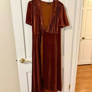 Simplee Apparel Red Maxi Gown with Plunge Neckline and Short Flutter Sleeves